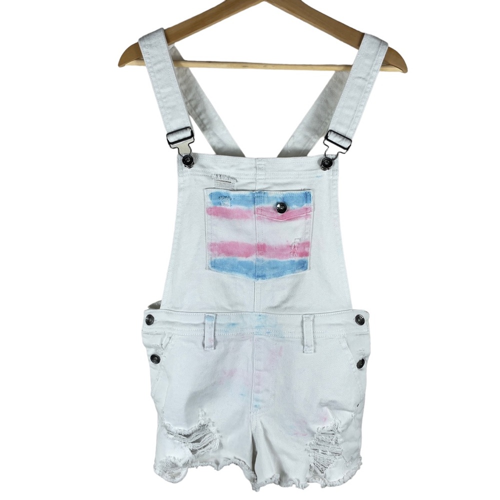 Empyre Cora Distressed Shortalls White w/Pink & Blue Stripe Accent in Size 5